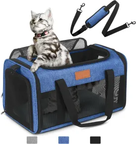 PETUX TSA Approved Pet Carrier in Cabin, 17"x11"x9.5" Soft Cat Carriers for Small Cats Up to 15 Lbs, Top Open Portable Pet Carrier Airline Approved with Anti-Scratch Mesh for Travel, Vet Visit (Blue)