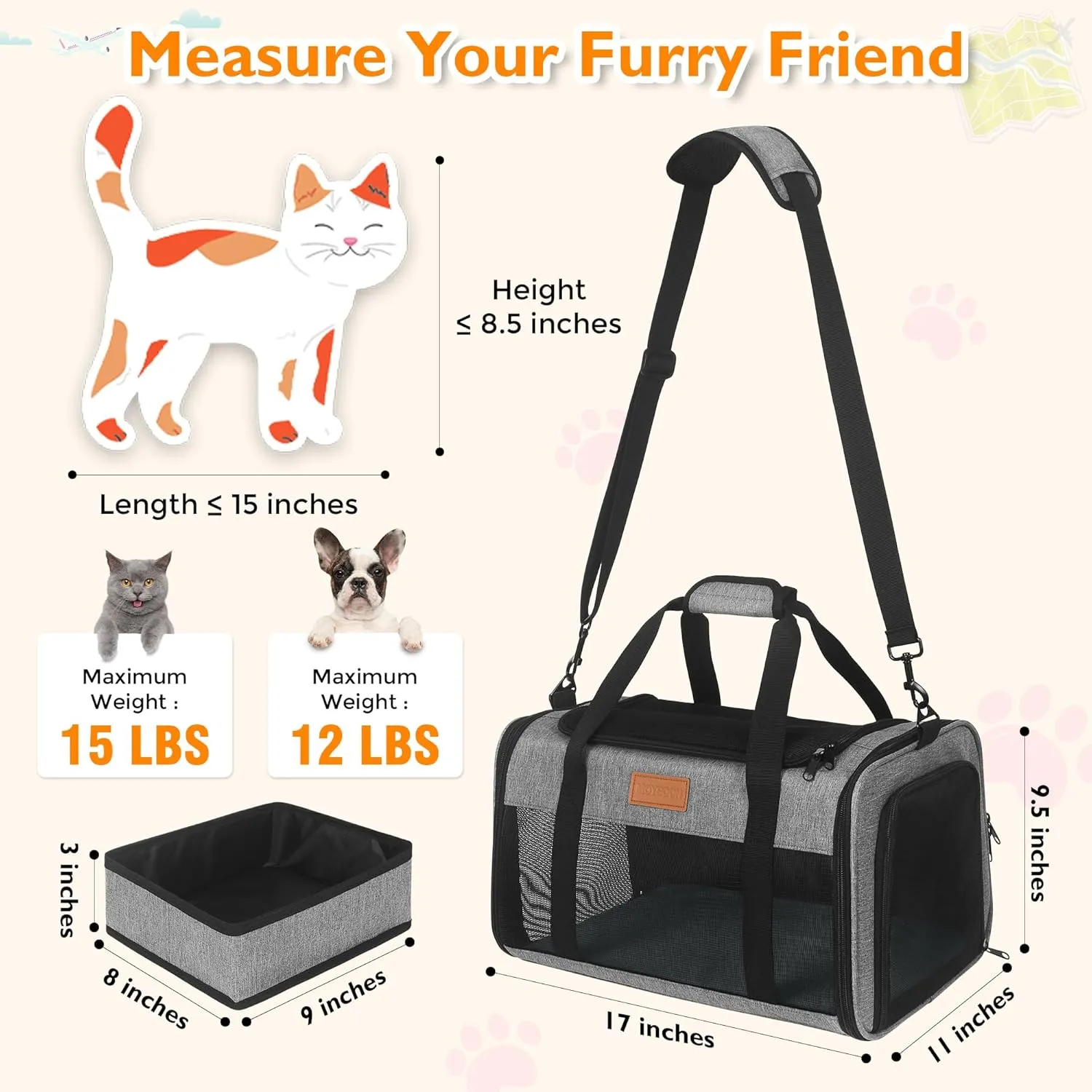 PETUX TSA Approved Pet Carrier in Cabin, 17"x11"x9.5" Soft Cat Carriers for Small Cats Up to 15 Lbs, Top-Open Portable Pet Carrier Airline Approved with Litter Box and Anti-Scratch Mesh (Grey)