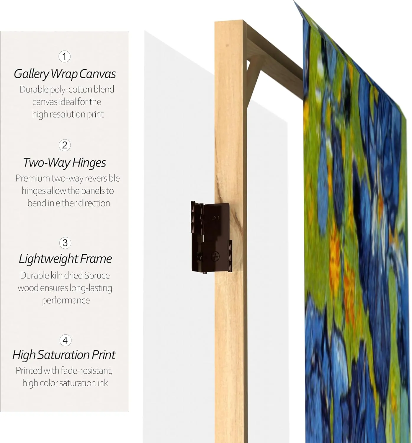 Red Lantern 2 ft. Short Double Sided Works of Van Gogh Canvas Folding Screen - Irises/Starry Night Over Rhone 3 Panel Freestanding Partition Separator for Modern and Contemporary Home, Office, Dorm