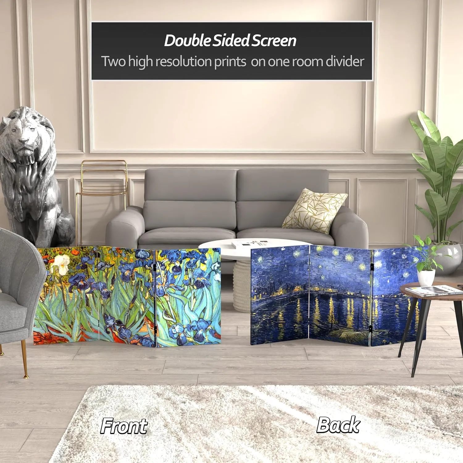 Red Lantern 2 ft. Short Double Sided Works of Van Gogh Canvas Folding Screen - Irises/Starry Night Over Rhone 3 Panel Freestanding Partition Separator for Modern and Contemporary Home, Office, Dorm