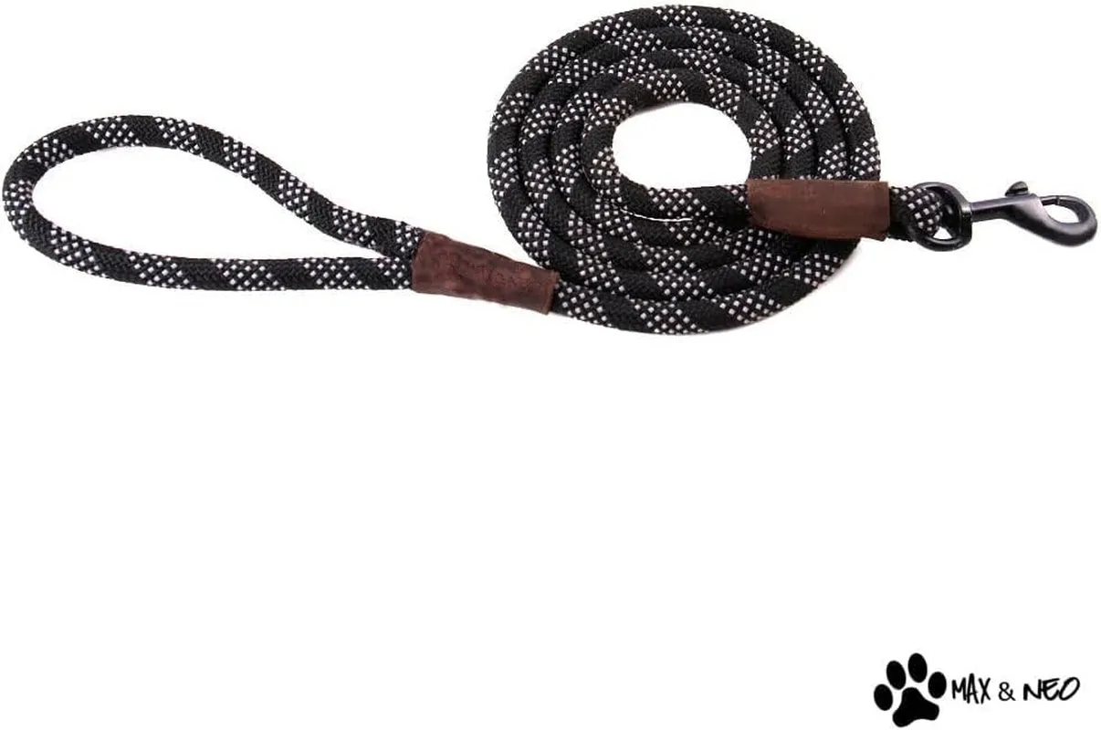 Rope Leash Reflective 6 Foot - We Donate a Leash to a Dog Rescue for Every Leash Sold (Black, 6 FT X 1/2")