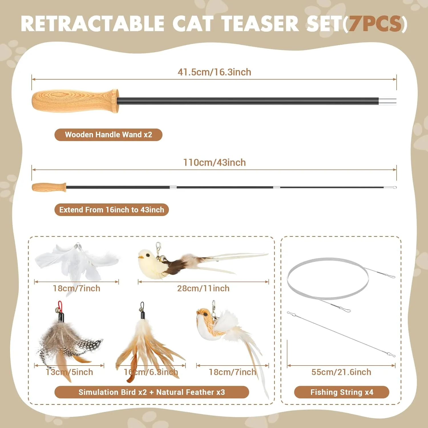 ROSAUI Cat Teaser Wand Toys, Interactive Bird Toys for Indoor Kittens, 42.15 Long Cat Fishing Pole Toys, 2Pcs Wires and 5Pcs Natural Refills, Sustainable Wooden Handles, Exercising, Playing