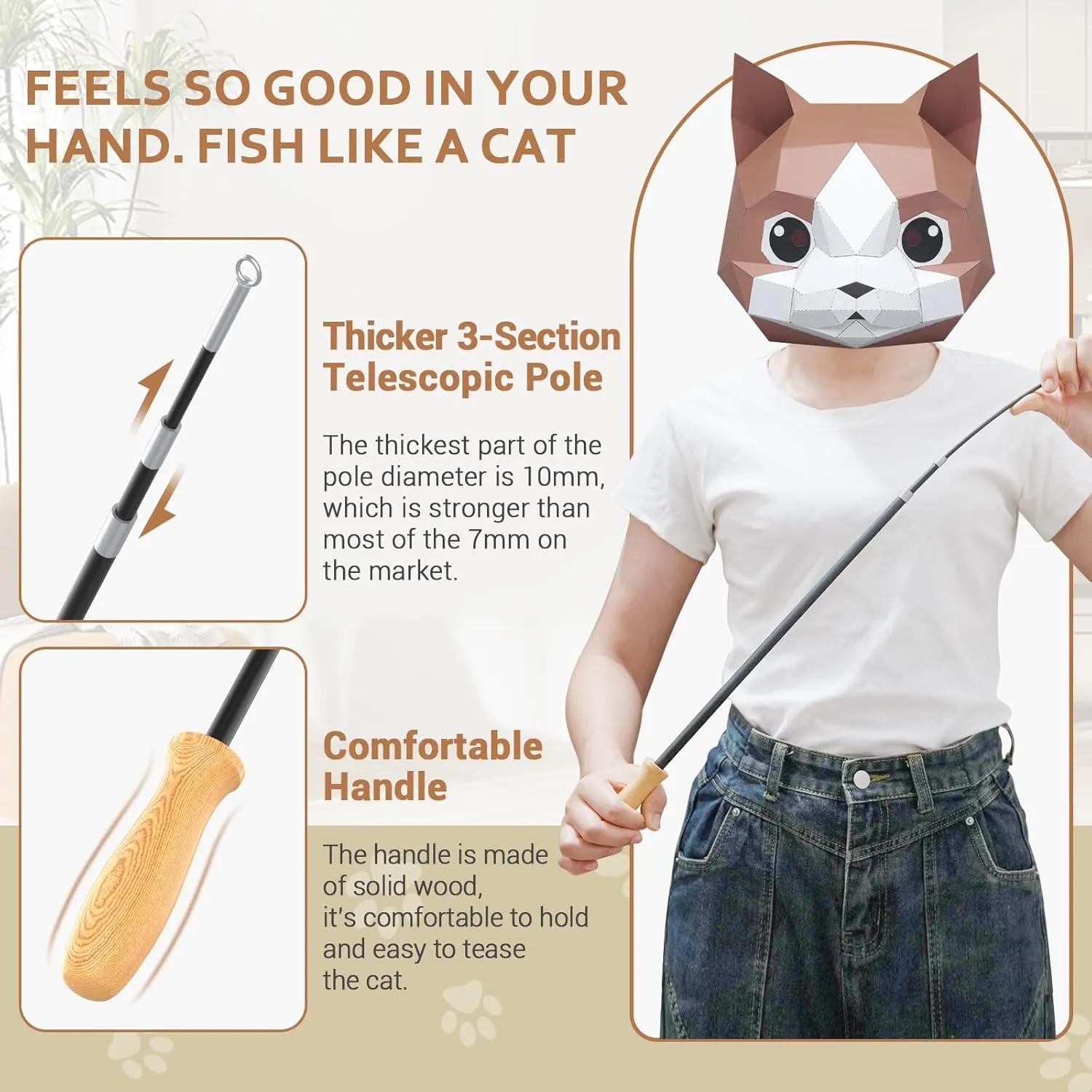 ROSAUI Cat Teaser Wand Toys, Interactive Bird Toys for Indoor Kittens, 42.15 Long Cat Fishing Pole Toys, 2Pcs Wires and 5Pcs Natural Refills, Sustainable Wooden Handles, Exercising, Playing