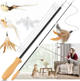 ROSAUI Cat Teaser Wand Toys, Interactive Bird Toys for Indoor Kittens, 42.15 Long Cat Fishing Pole Toys, 2Pcs Wires and 5Pcs Natural Refills, Sustainable Wooden Handles, Exercising, Playing