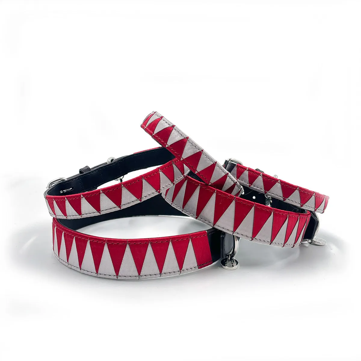 Sharktooth Dog Collar Leather - Light Grey & Red