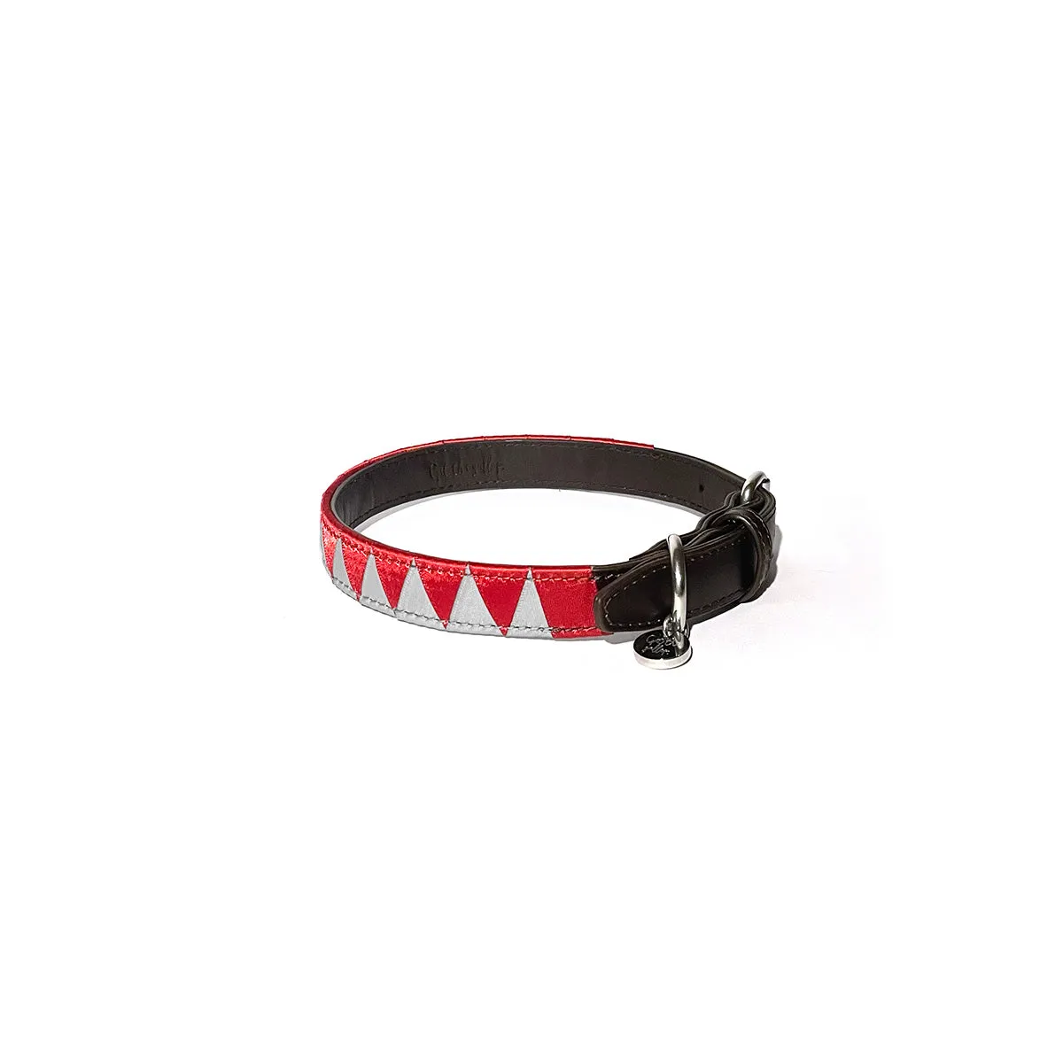 Sharktooth Dog Collar Leather - Light Grey & Red