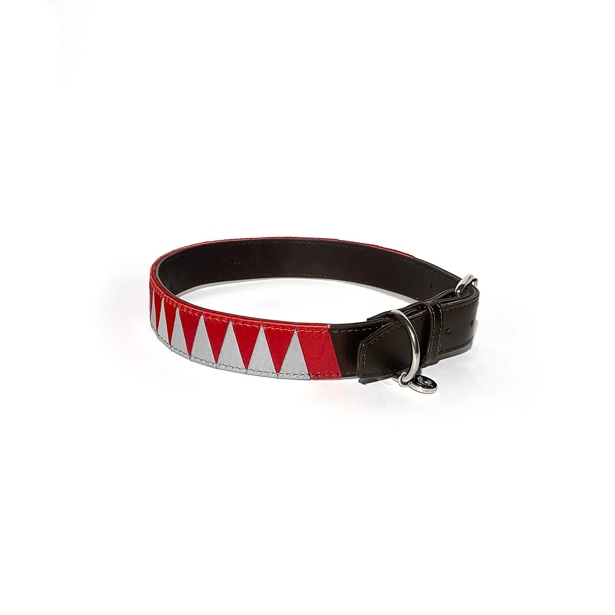 Sharktooth Dog Collar Leather - Light Grey & Red