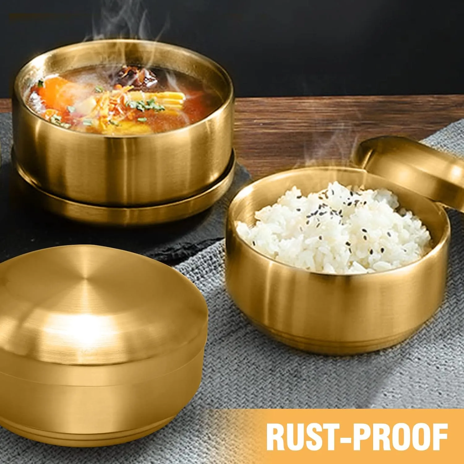 Stainless Steel Rice Bowl with Lid, Set of 2, for Korean Kitchen Restaurant, Double-walled Metal Bowls, Multi-Purpose Insulated Soup Bowls Snacks Bowls (10.5cm Gold)