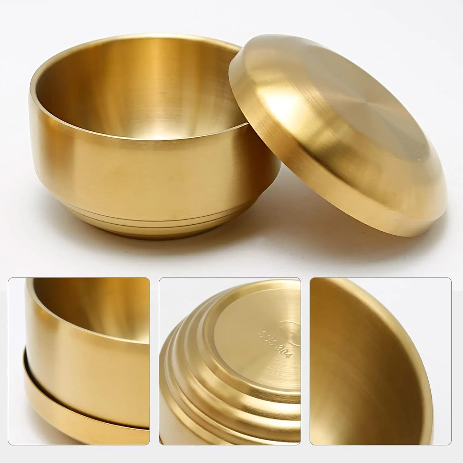 Stainless Steel Rice Bowl with Lid, Set of 2, for Korean Kitchen Restaurant, Double-walled Metal Bowls, Multi-Purpose Insulated Soup Bowls Snacks Bowls (10.5cm Gold)