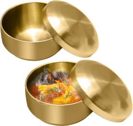 Stainless Steel Rice Bowl with Lid, Set of 2, for Korean Kitchen Restaurant, Double-walled Metal Bowls, Multi-Purpose Insulated Soup Bowls Snacks Bowls (10.5cm Gold)