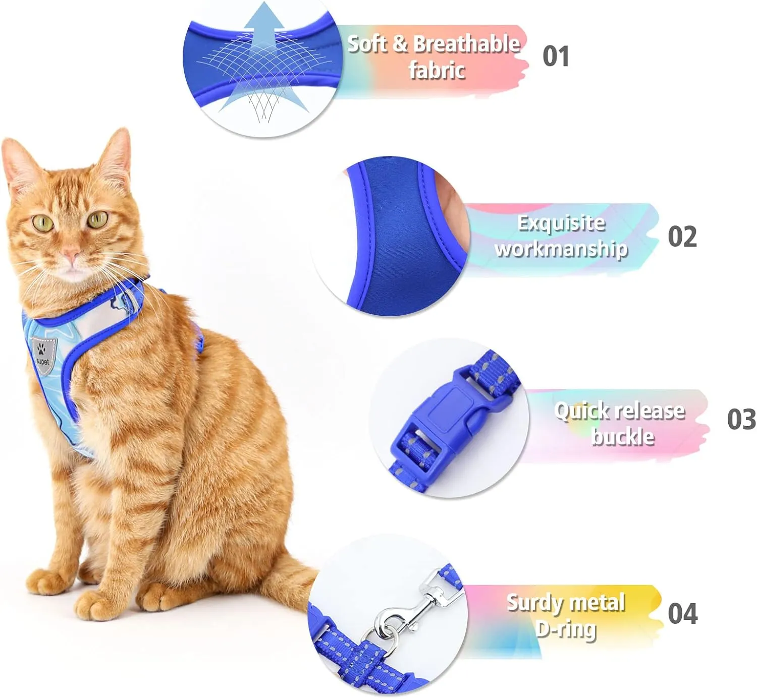 Supet Cat Harness and Leash Set Stylish Escape Proof Cat Vest Harness Adjustable Breathable Pet Leash with Reflective Trim