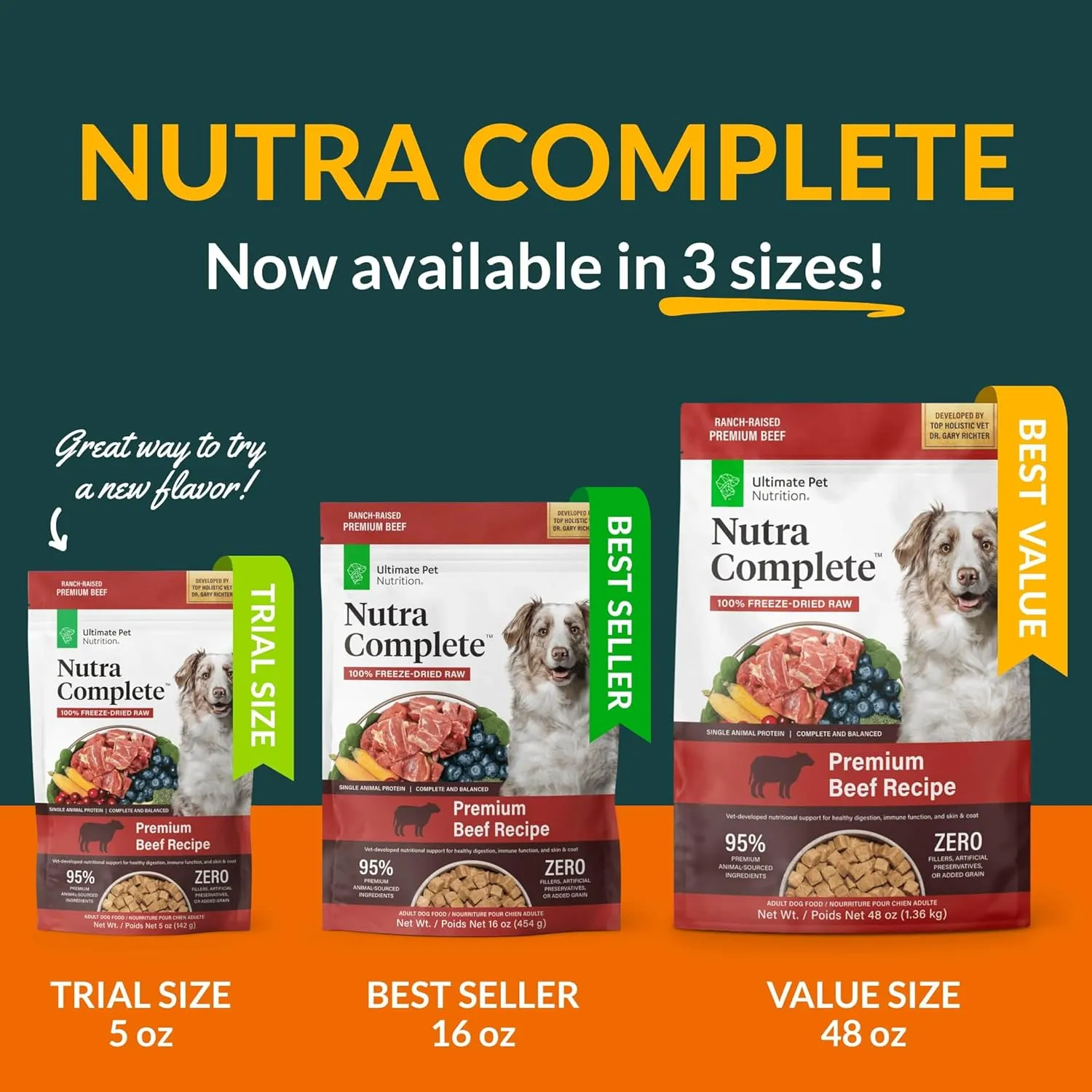 ULTIMATE PET NUTRITION Nutra Complete, 100% Freeze Dried Raw Veterinarian Formulated Dog Food with Antioxidants Prebiotics and Amino Acids (1 Pound, Beef)