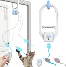 Upgraded Smart Interactive Cat Toy with Remote Control, USB Rechargeable Door Hanging Retractable Kitten Toy for Self Play, Teaser Electronic Feather Cat String with 3 Plush Mice, Blue
