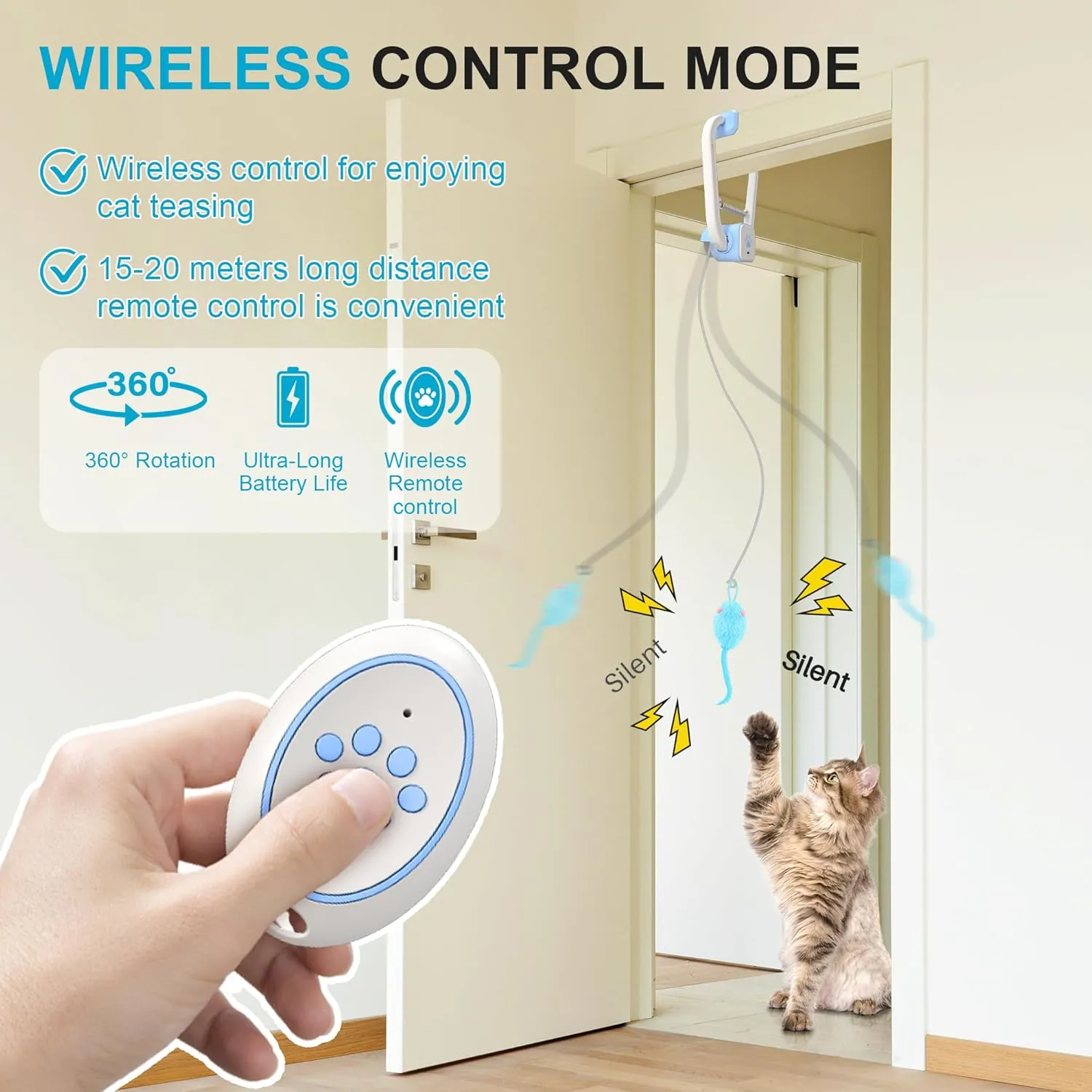 Upgraded Smart Interactive Cat Toy with Remote Control, USB Rechargeable Door Hanging Retractable Kitten Toy for Self Play, Teaser Electronic Feather Cat String with 3 Plush Mice, Blue
