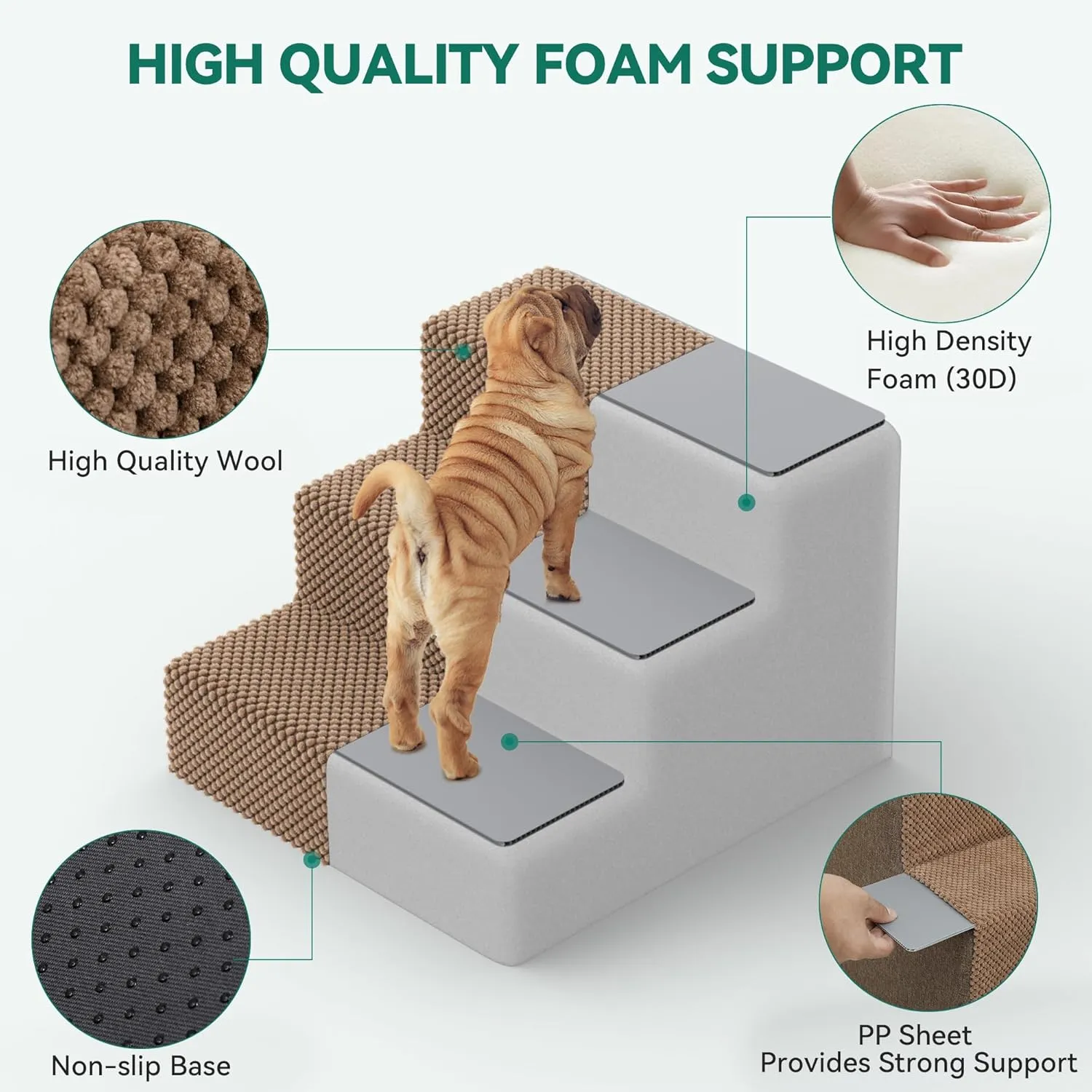 YITAHOME Dog Stairs for High Bed and Couch, Premium Foam Dog Steps for Small Dogs, Older Pets, Non-Slip Pet Stairs with High-Strength Boards, Removable Washable Cover, 3 Tiers Brown