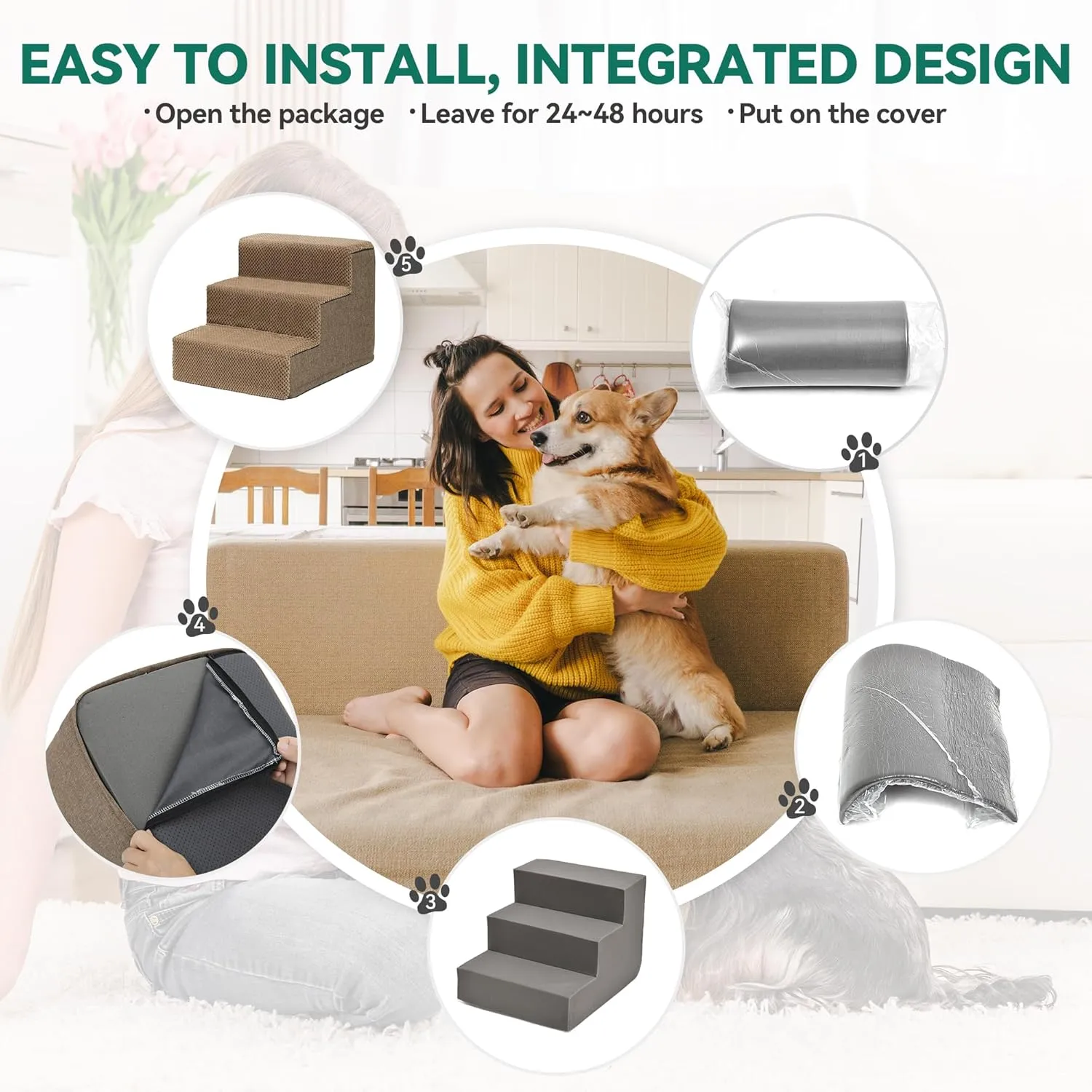 YITAHOME Dog Stairs for High Bed and Couch, Premium Foam Dog Steps for Small Dogs, Older Pets, Non-Slip Pet Stairs with High-Strength Boards, Removable Washable Cover, 3 Tiers Brown